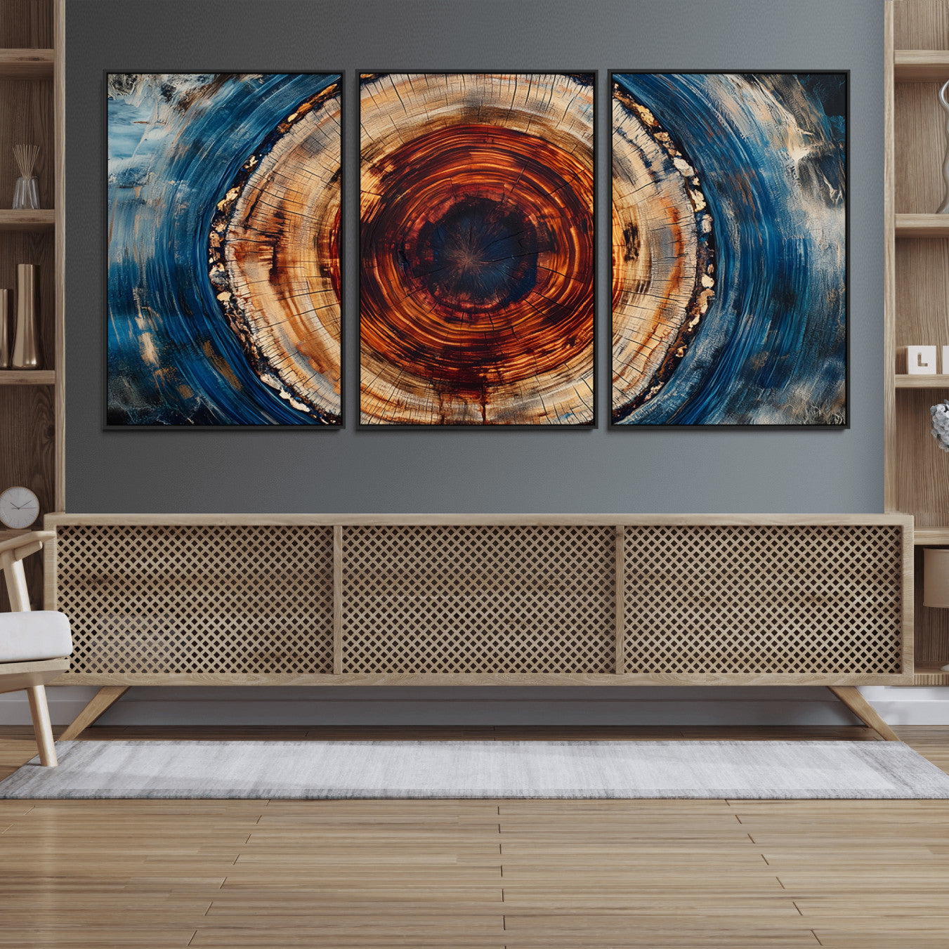 90395-MGV-FC-60X30-3P_Black-Abstract Framed Tree Rings Wall Decor, Wood Grain Rings Artwork Print, Nature Woodland Modern Wall
