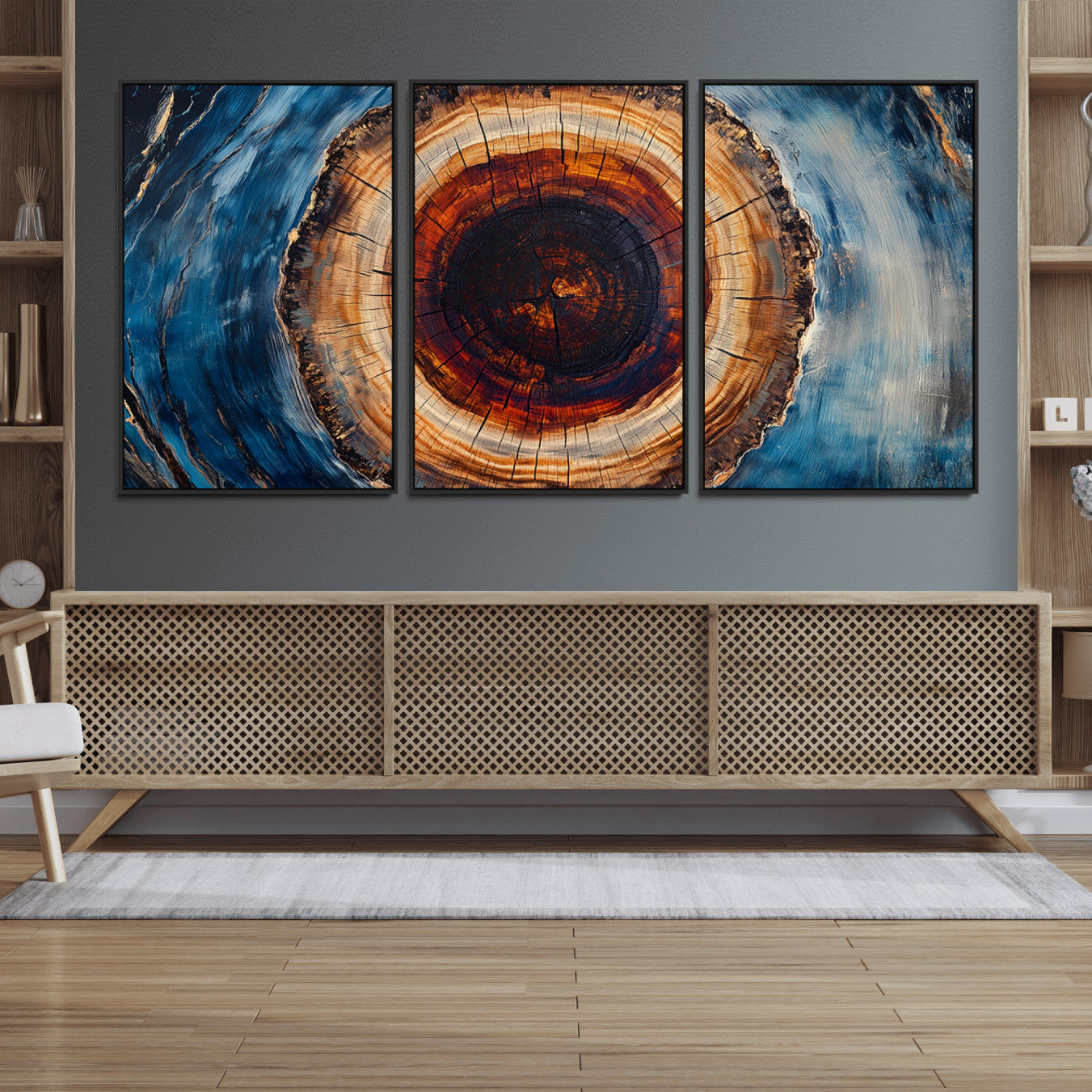 30457-MGV-FC-60X30-3P_Black-Framed Abstract Tree Ring Wall Art Print, Natural Rustic Wood Texture Canvas Print, Wood Tree Stump