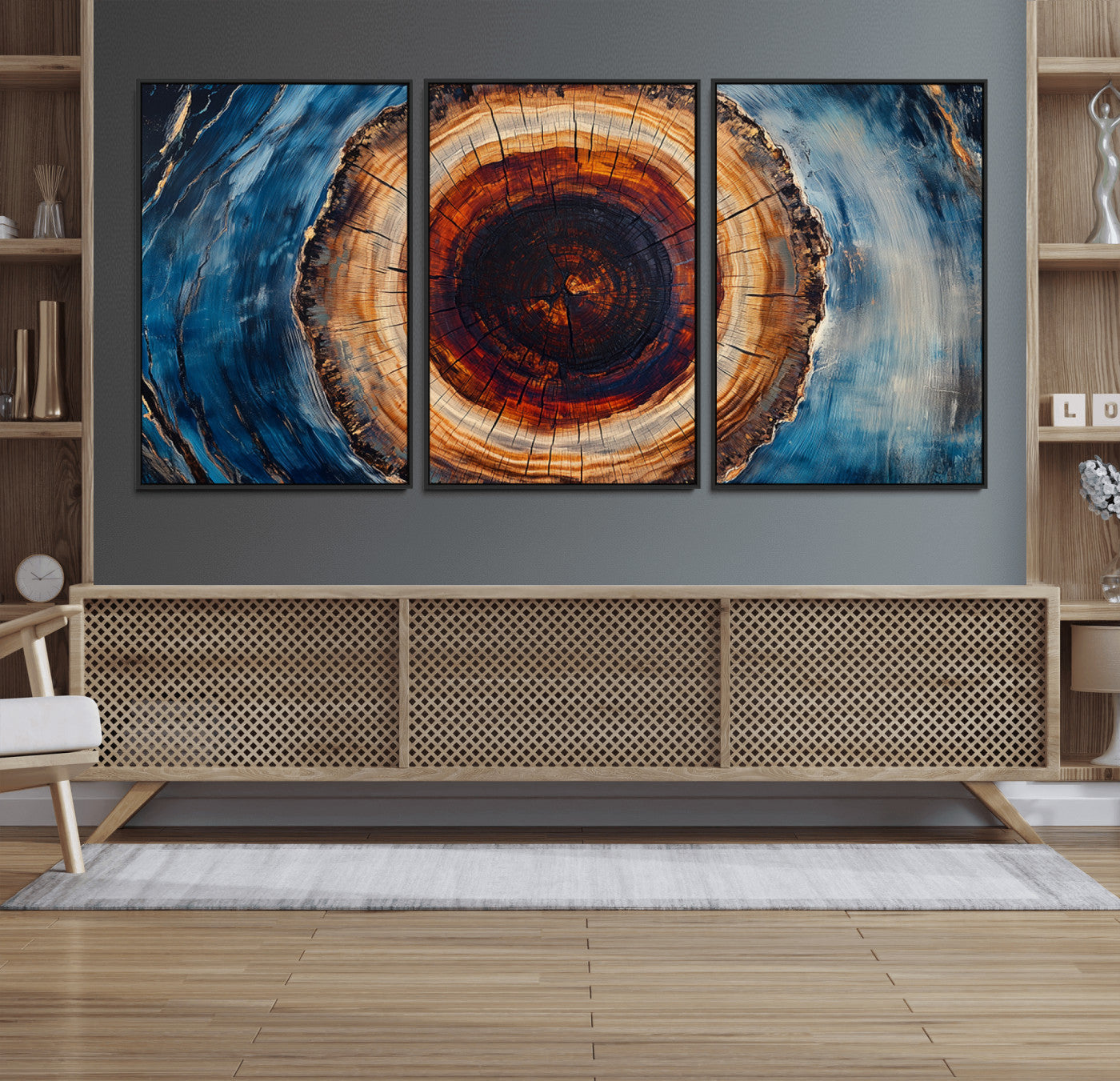 30457-MGV-FC-60X30-3P_Black-Framed Abstract Tree Ring Wall Art Print, Natural Rustic Wood Texture Canvas Print, Wood Tree Stump