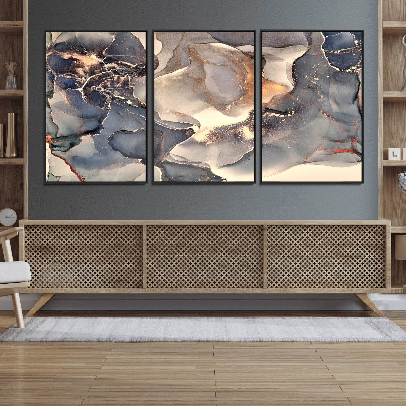 18202-MGV-FC-60X30-3P_Black-Abstract Blue and Gold Wall Art - Fluid Ink Artwork - Modern Luxury Wall Decor for Contemporary