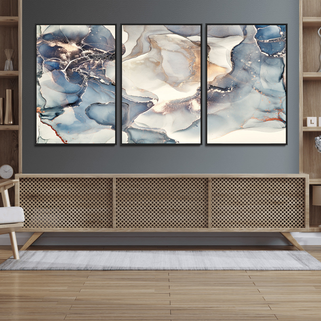 51497-MGV-FC-60X30-3P_Black-Abstract Blue and Gold Canvas Wall Art - Fluid Modern Ink Artwork - Modern Luxury Wall Decor for