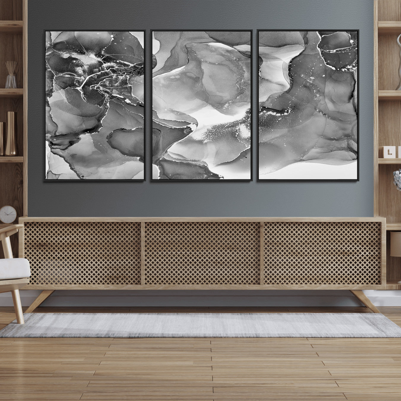 15911-MGV-FC-60X30-3P_Black-Black White Abstract Canvas Wall Art - Fluid Ink Artwork - Modern Luxury Wall Decor for Contemporary