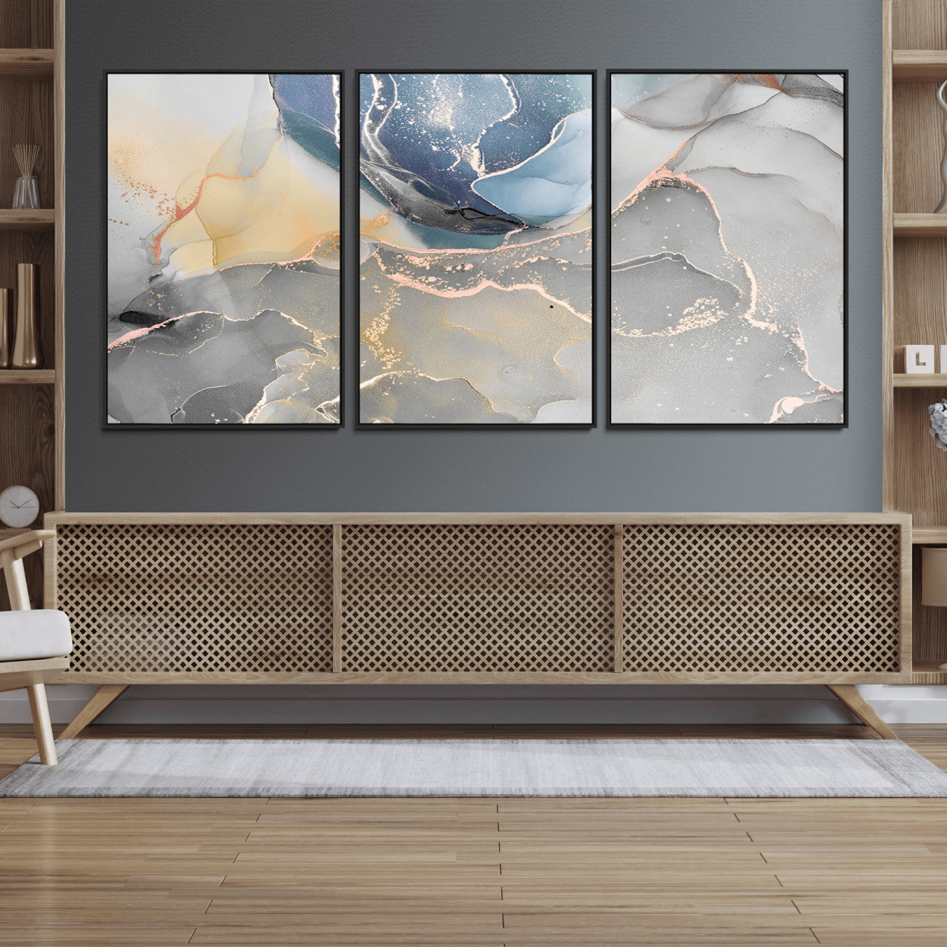 18176-MGV-FC-60X30-3P_Black-Large Abstract Blue and Gold Canvas Wall Art | Fluid Ink Artwork Print | Luxury Wall Decor for