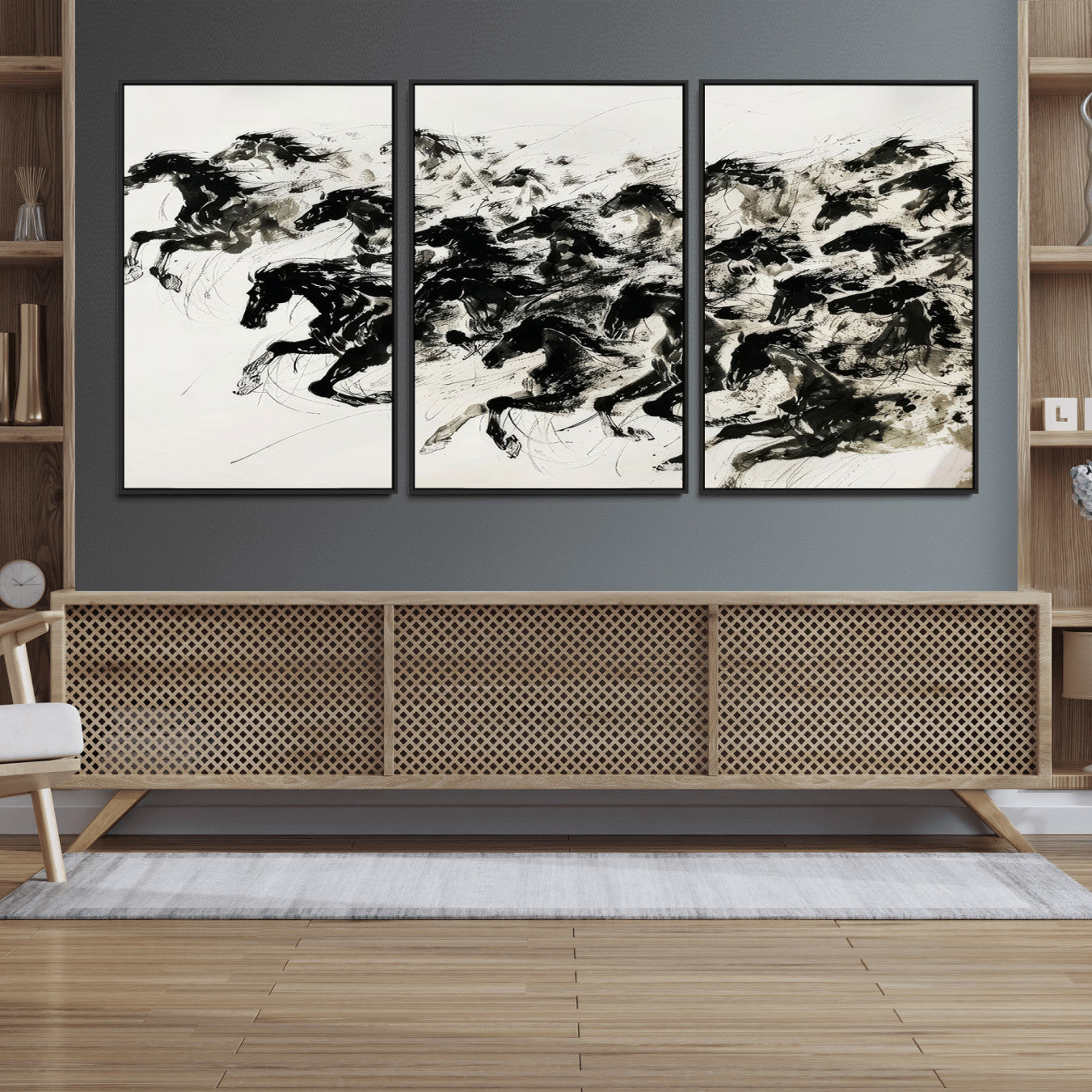 23069-MGV-FC-60X30-3P_Black-Abstract Horse Wall Art Canvas Print - Dynamic Black Ink Horse Print - Modern Equine Wall Decor for