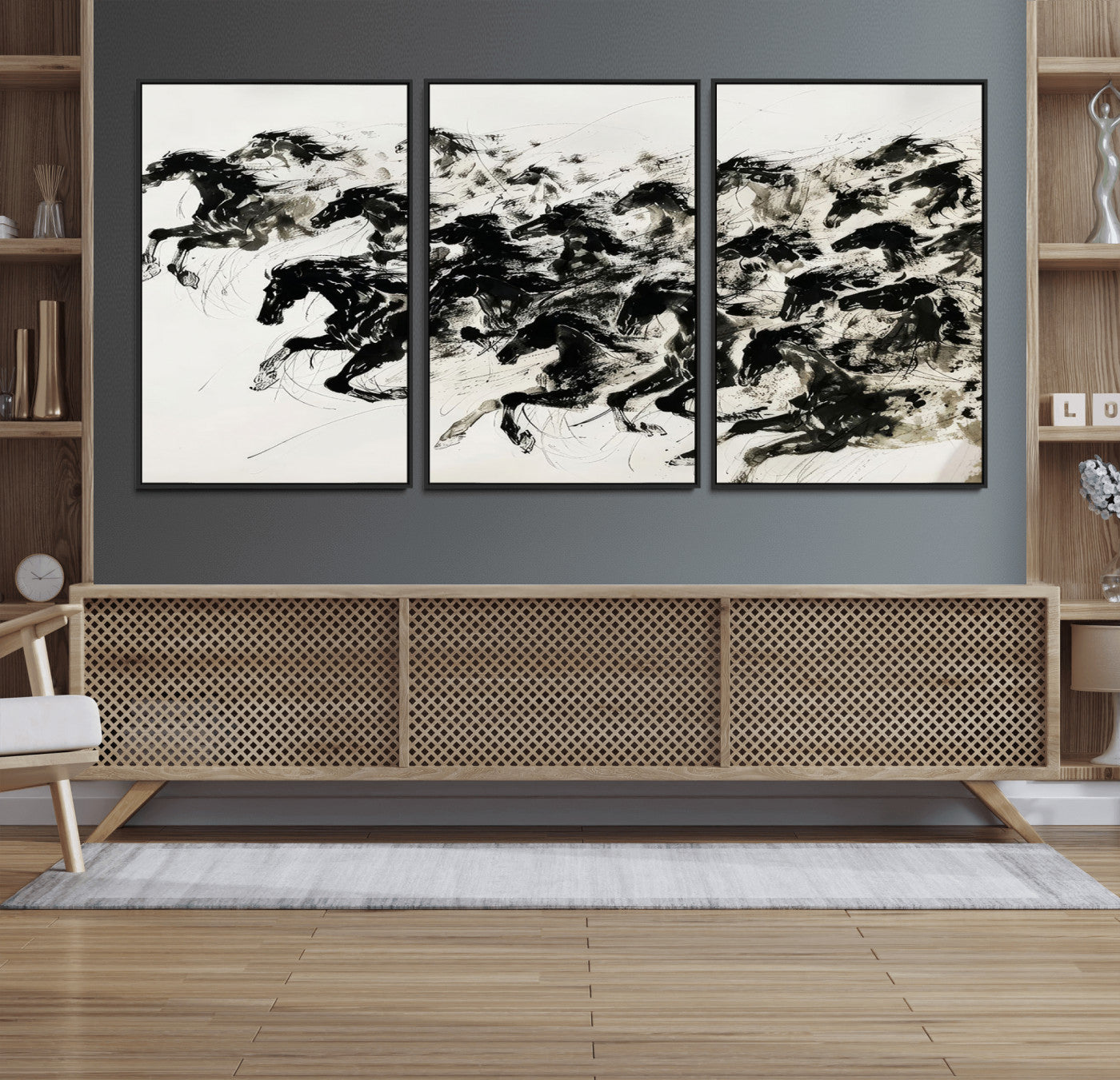 MGV-FC-60X30-3P - Abstract Horse Wall Art Canvas Print - Dynamic Black Ink Horse Print - Modern Equine Wall Decor for