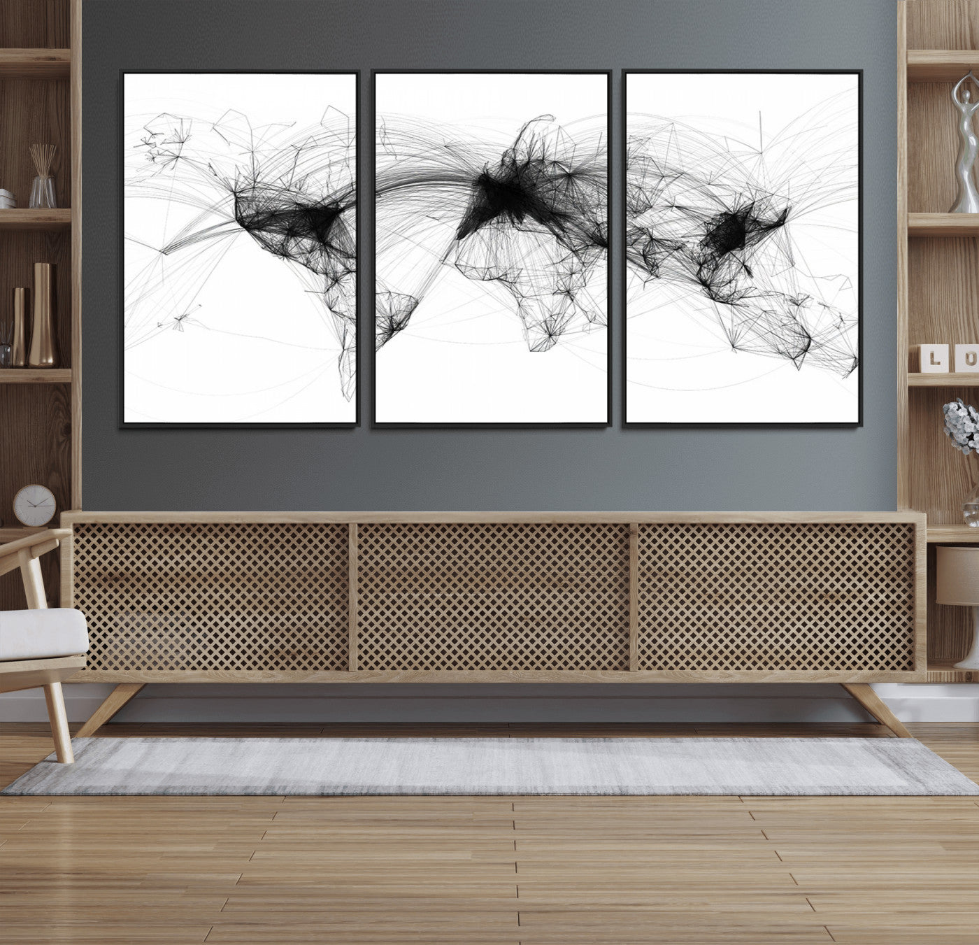 50136-MGV-FC-60X30-3P_Black-Abstract World Map Wall Art – Framed Geometric Line Canvas Artwork, Modern Global Design, Contemporary Decor for Home, Office