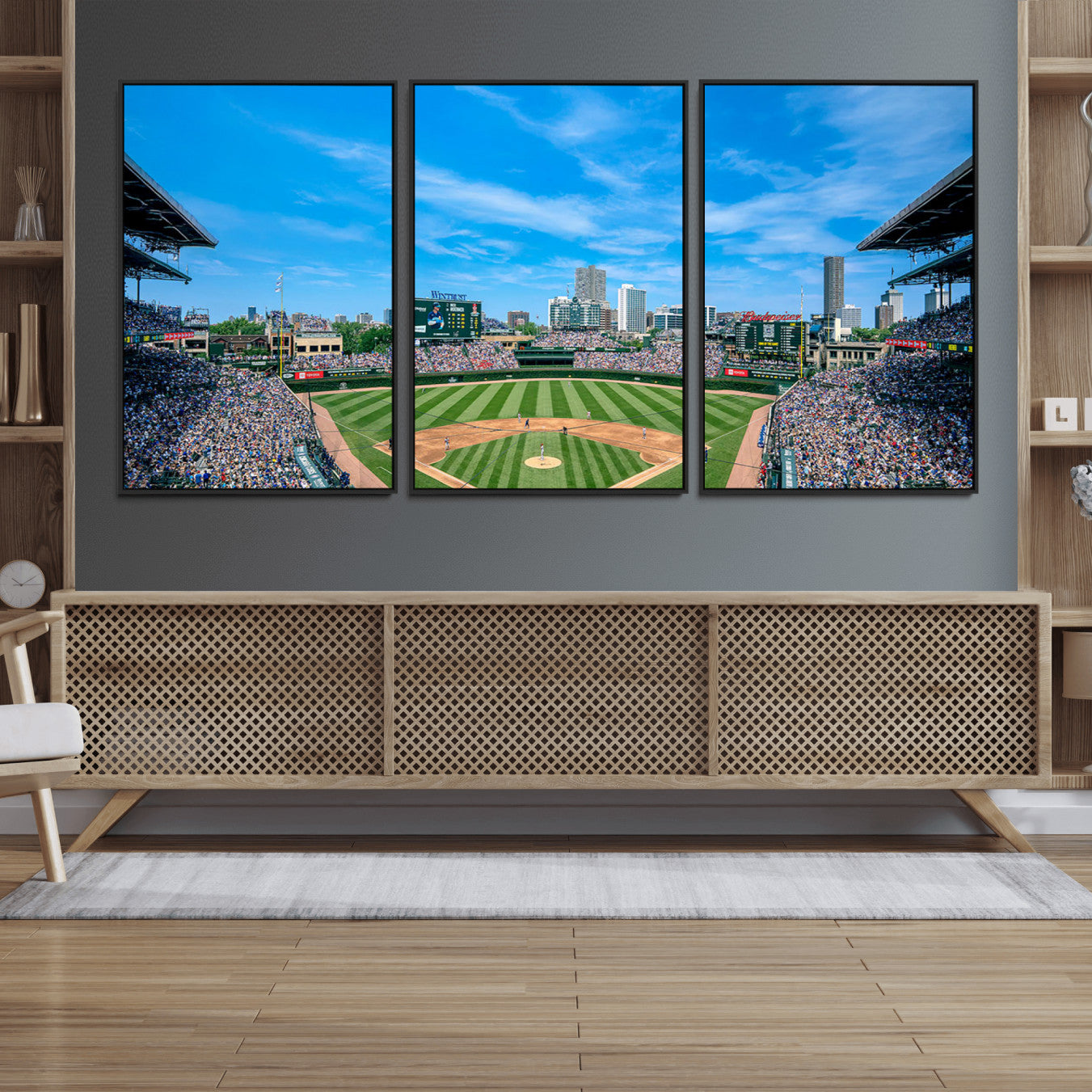 32373-MGV-FC-60X30-3P_Black-Wrigley Field Chicago Cubs Panoramic Art Multi Piece Canvas - Iconic Baseball Stadium Print for