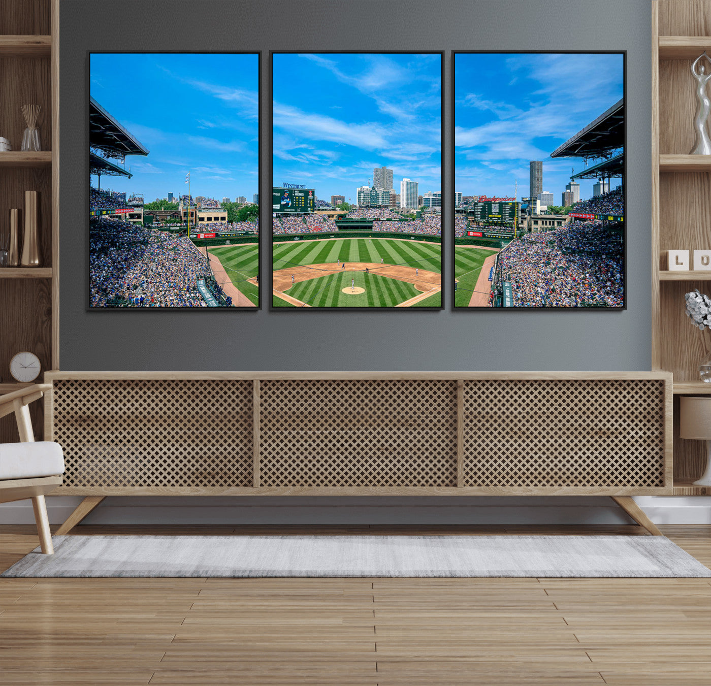 32373-MGV-FC-60X30-3P_Black-Wrigley Field Chicago Cubs Panoramic Art Multi-Piece Canvas – Iconic Baseball Stadium Wall Print for Home, Office
