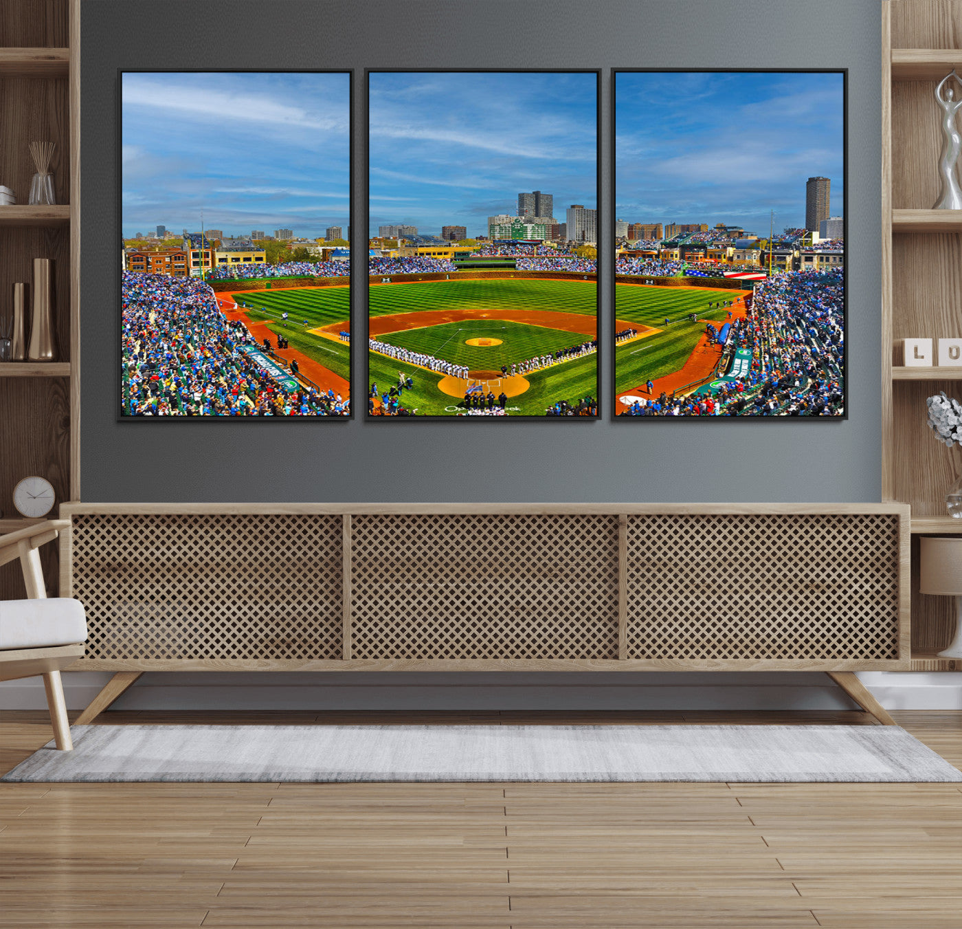 78105-MGV-FC-60X30-3P_Black-Wrigley Field Chicago Cubs Panoramic Canvas Print – Multi-Piece Iconic Baseball Stadium Wall Art for Home, Office