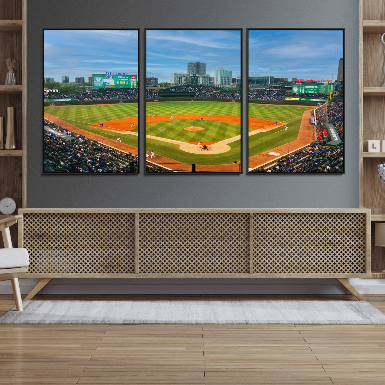 86839-MGV-FC-60X30-3P_Black-Wrigley Field Chicago Cubs Panoramic Multi Piece Canvas Wall Art - Iconic Baseball Stadium Print for
