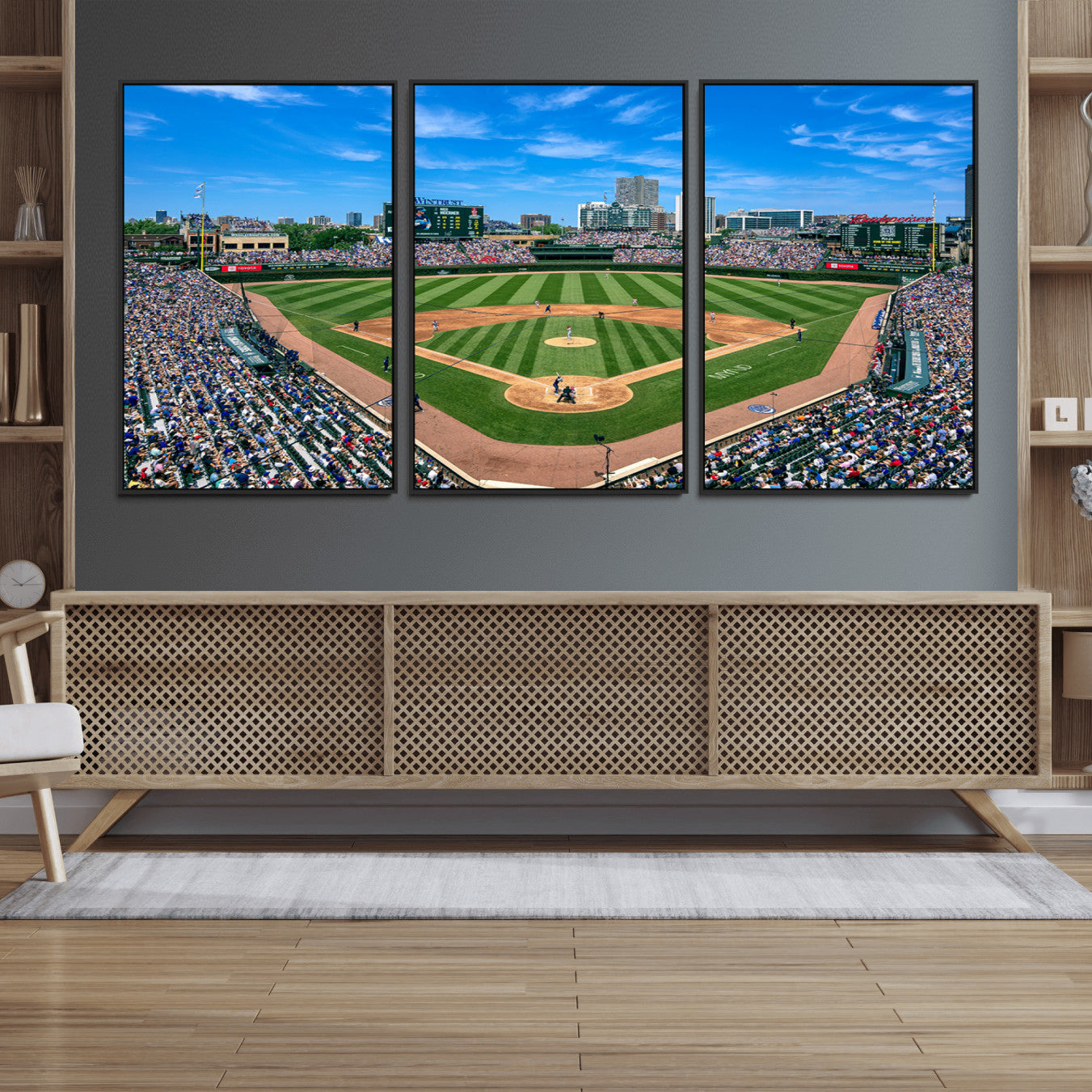 26064-MGV-FC-60X30-3P_Black-Wrigley Field Chicago Cubs Wall Art Canvas Print Framed Panoramic Multi-Piece Iconic Baseball Stadium Artwork for Home, Office