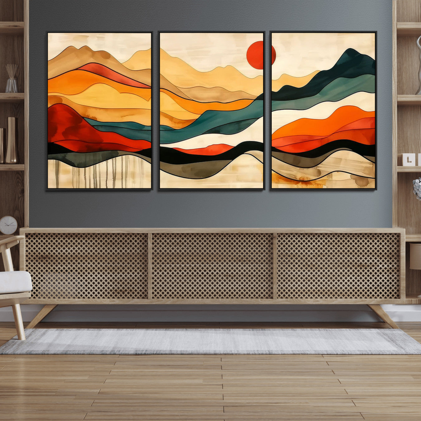 23241-MGV-FC-60X30-3P_Black-Mid Century Wall Art Print - Abstract Woodland Print - Modern Art Panoramic Mountain Wall Art