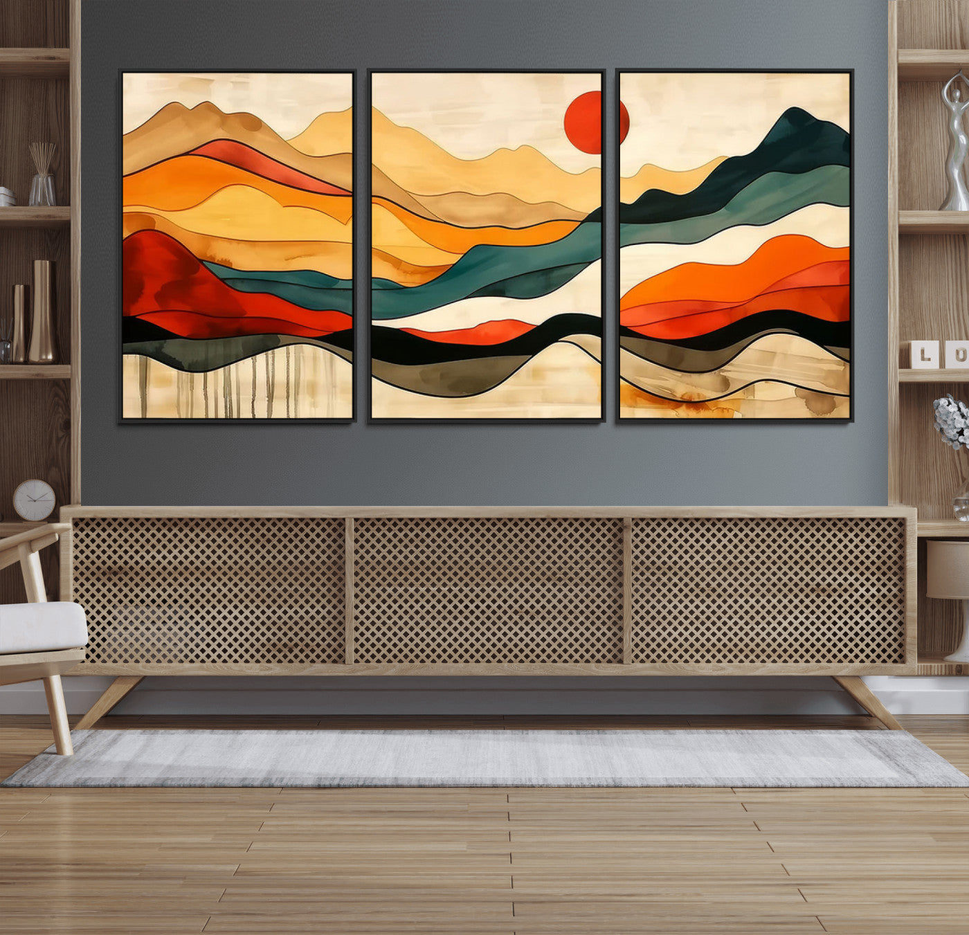 23241-MGV-FC-60X30-3P_Black-Mid Century Wall Art Print - Abstract Woodland Print - Modern Art Panoramic Mountain Wall Art