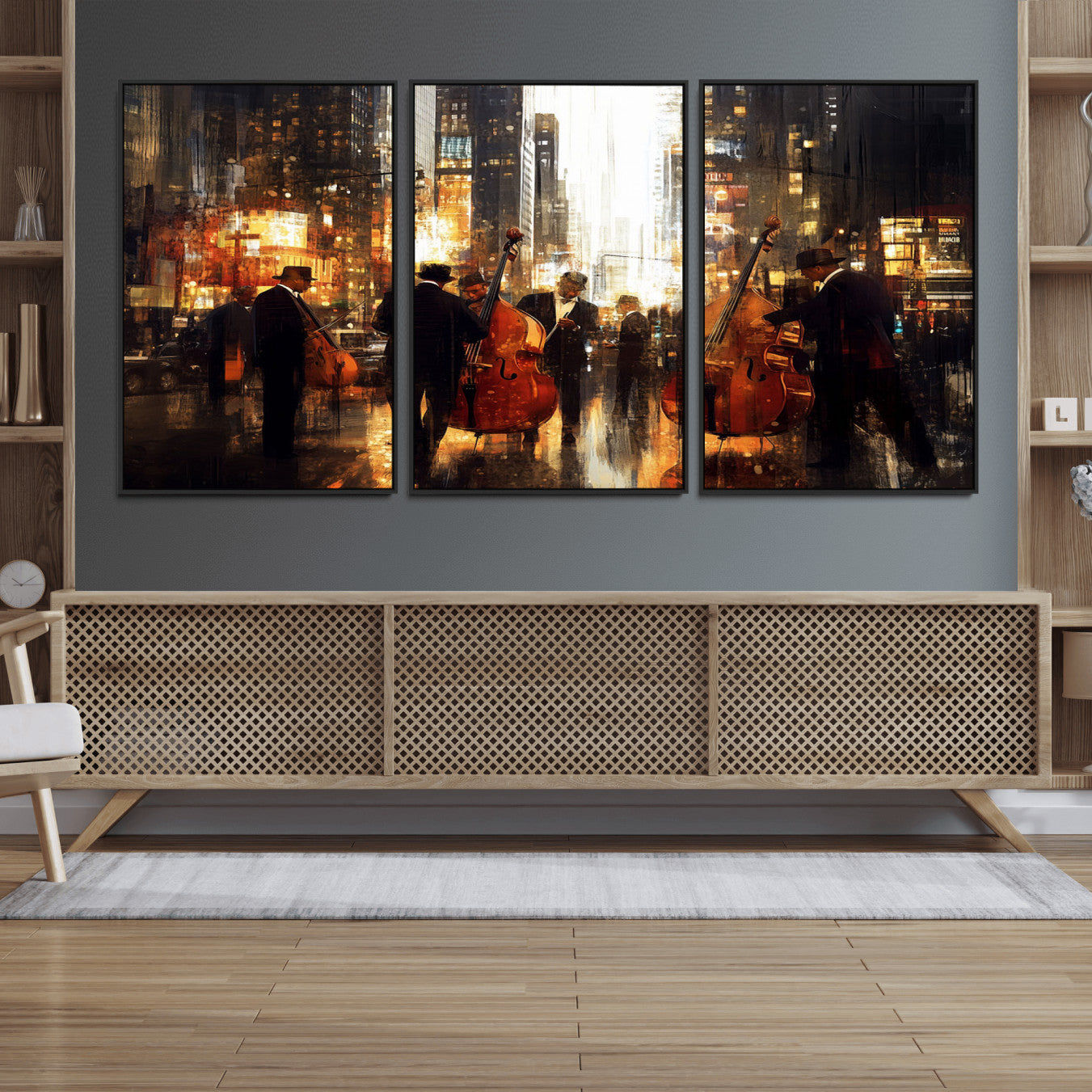 58782-MGV-FC-60X30-3P_Black-Abstract Jazz Art Wall Art Canvas Print - Framed Abstract Music Canvas - Colorful Instrument Poster