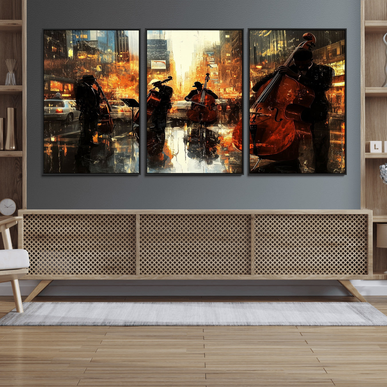 22398-MGV-FC-60X30-3P_Black-African American Abstract Jazz Wall Art - Framed Abstract Music Canvas - Colorful Instrument Canvsa