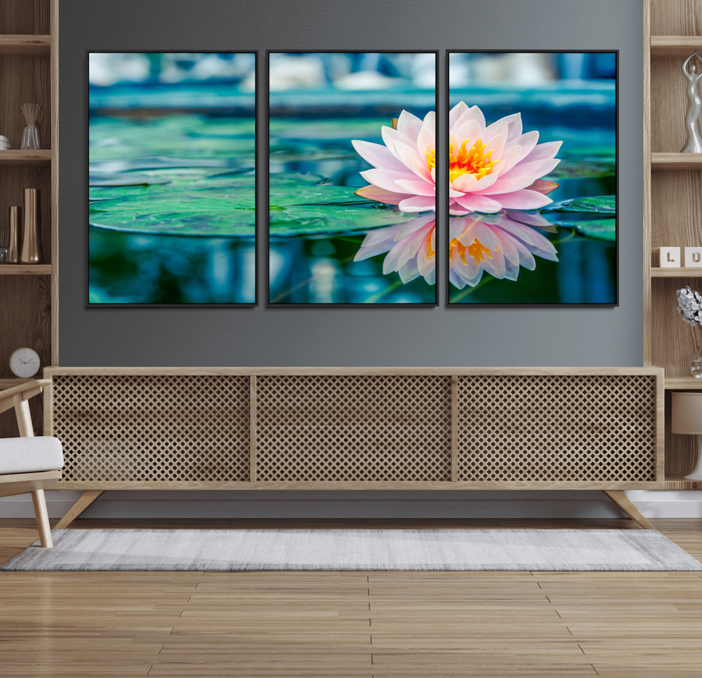 30320-MGV-FC-60X30-3P_Black-Lotus Flower Wall Art Canvas Print, Water Lily Large Wall Art Canvas Print for Yoga Room Decor,