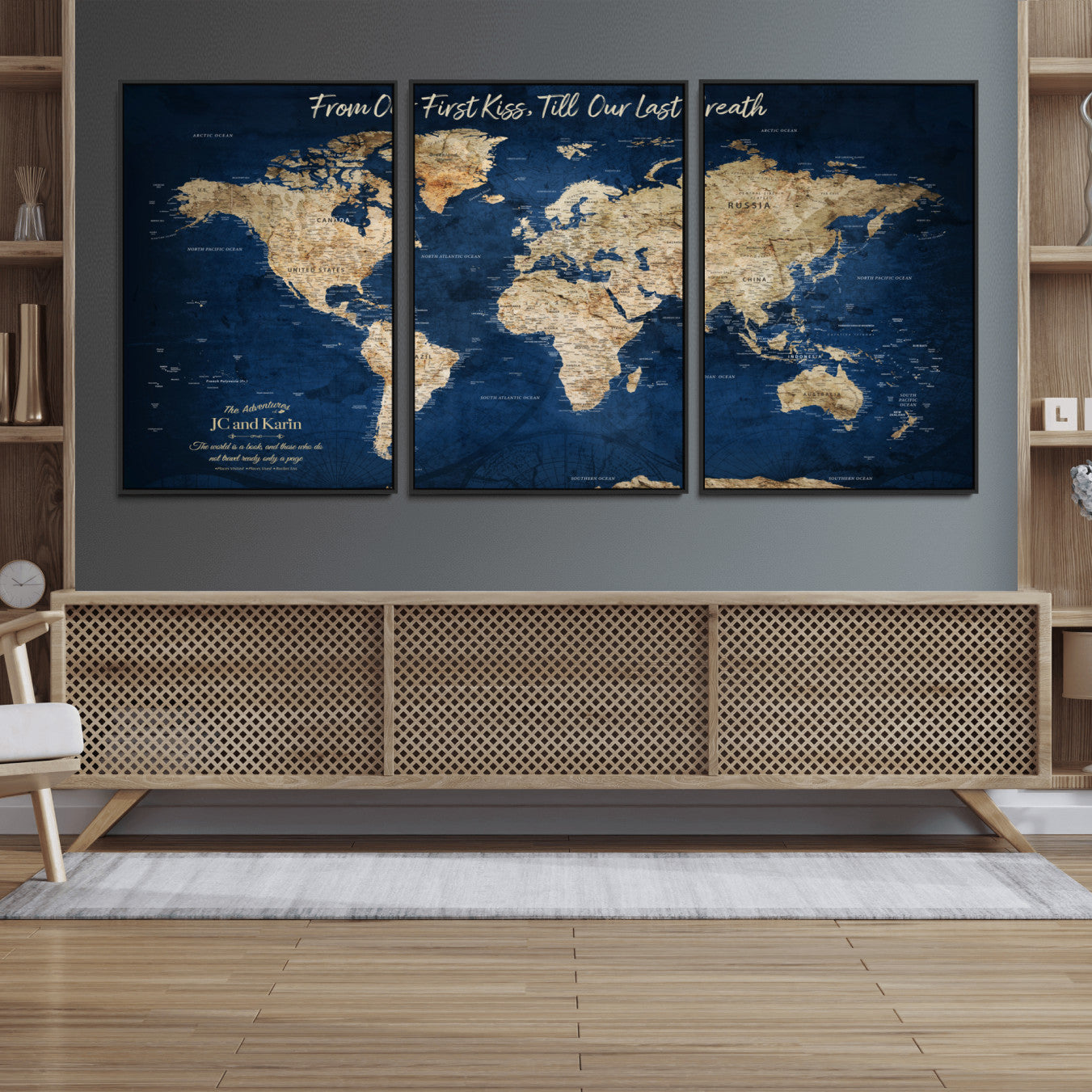 56122A-MGV-FC-60X30-3P_Black-Personalized Push Pin World Map Canvas Print – Custom Couple Travel Tracker Wall Art, Framed Anniversary Gift for Home Decor