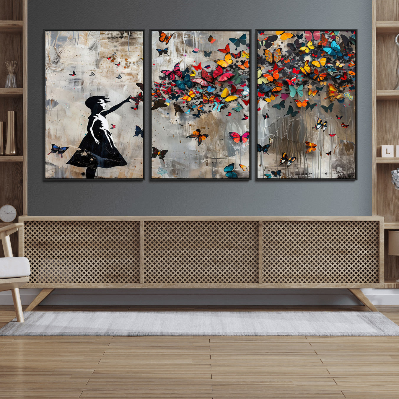 51446-MGV-FC-60X30-3P_Black-Butterfly Girl Wall Art – Vibrant Street Style Canvas Print, Modern Abstract Wall Decor for Living Room, Bedroom, or Office