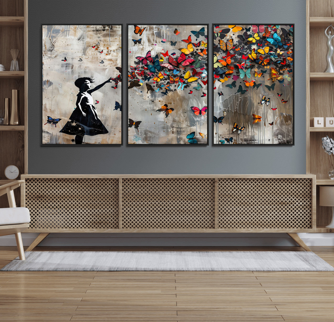 51446-MGV-FC-60X30-3P_Black-Banksy Butterfly Girl Wall Art – Modern Graffiti Canvas Print, Contemporary Street Art Decor for Home or Office