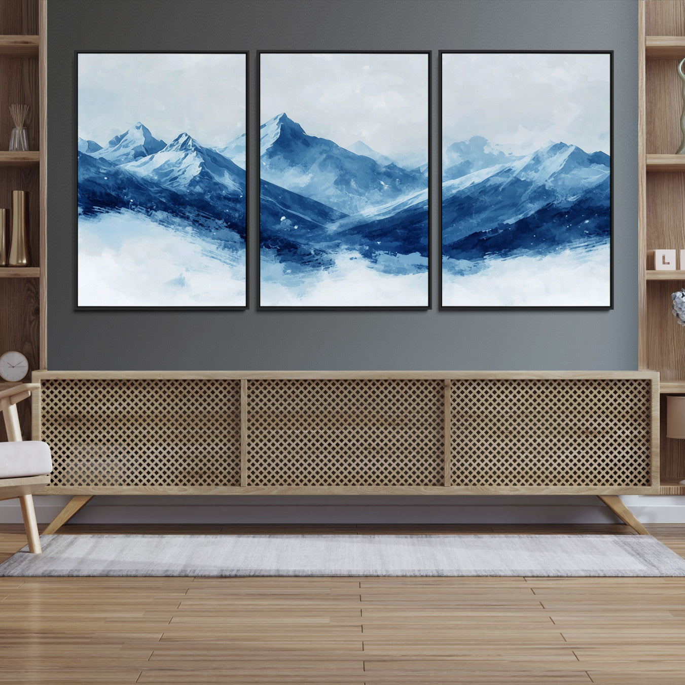 Peaceful watercolor-style painting of snowy blue mountains in soft tones, perfect for winter-themed or minimalist wall decor.