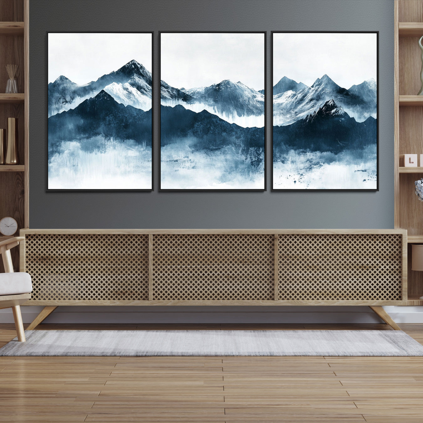 Abstract blue-toned canvas of snowy mountains in misty tones, ideal for minimalist or moody alpine-inspired home decor.
