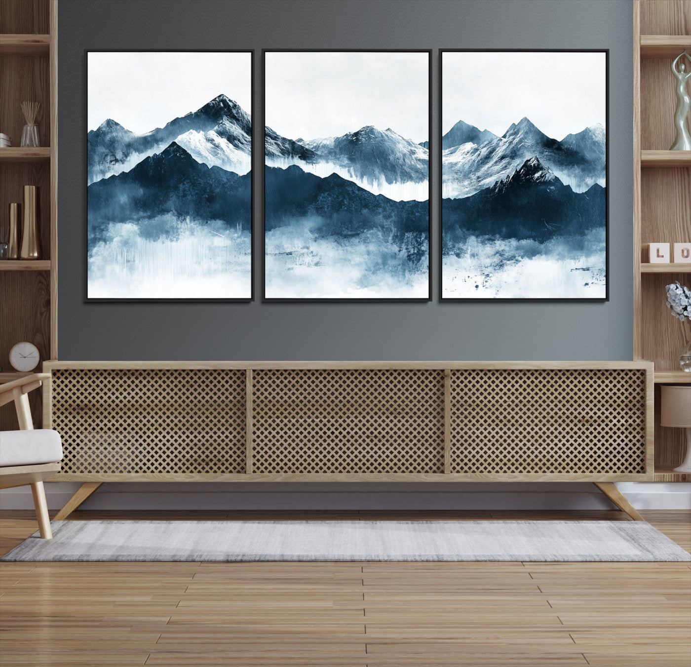 Abstract blue-toned canvas of snowy mountains in misty tones, ideal for minimalist or moody alpine-inspired home decor.