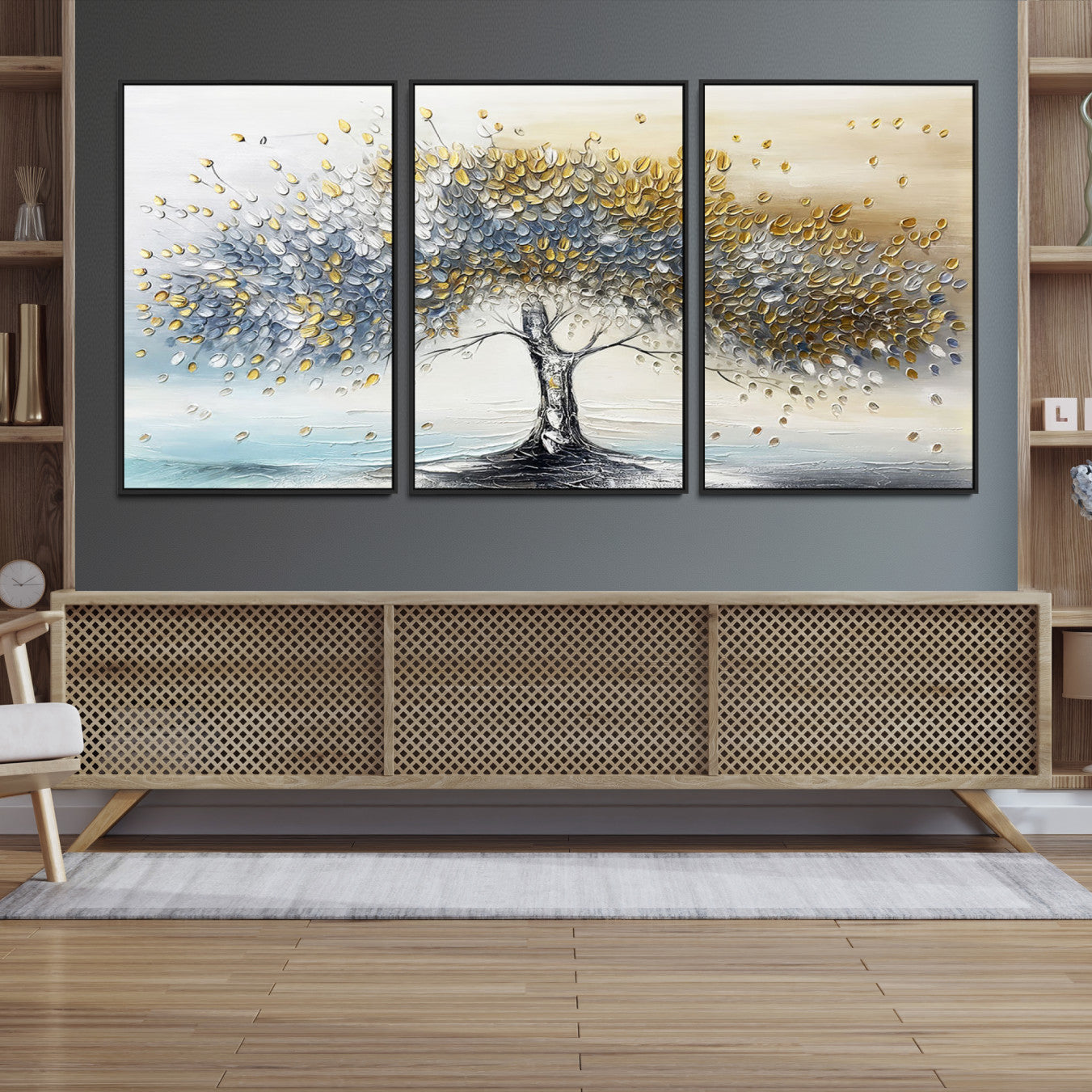 Canvas of a silver and gold textured tree with a soft neutral background, ideal for elegant and minimalist home decor styles.