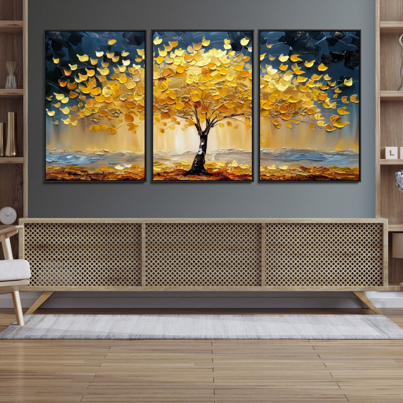 Canvas of a golden autumn tree with textured brushstrokes and moody blue skies, perfect for dramatic and vibrant home decor.