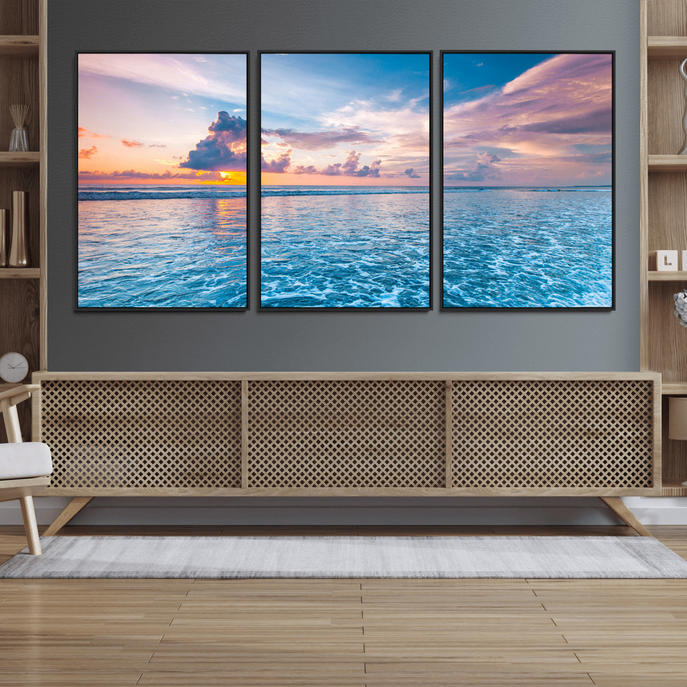 36641-MGV-FC-60X30-3P_Black-Ocean Sunset Canvas Wall Art Print – Tranquil Seascape Vibrant Sky Rolling Waves Coastal Artwork for Home, Office