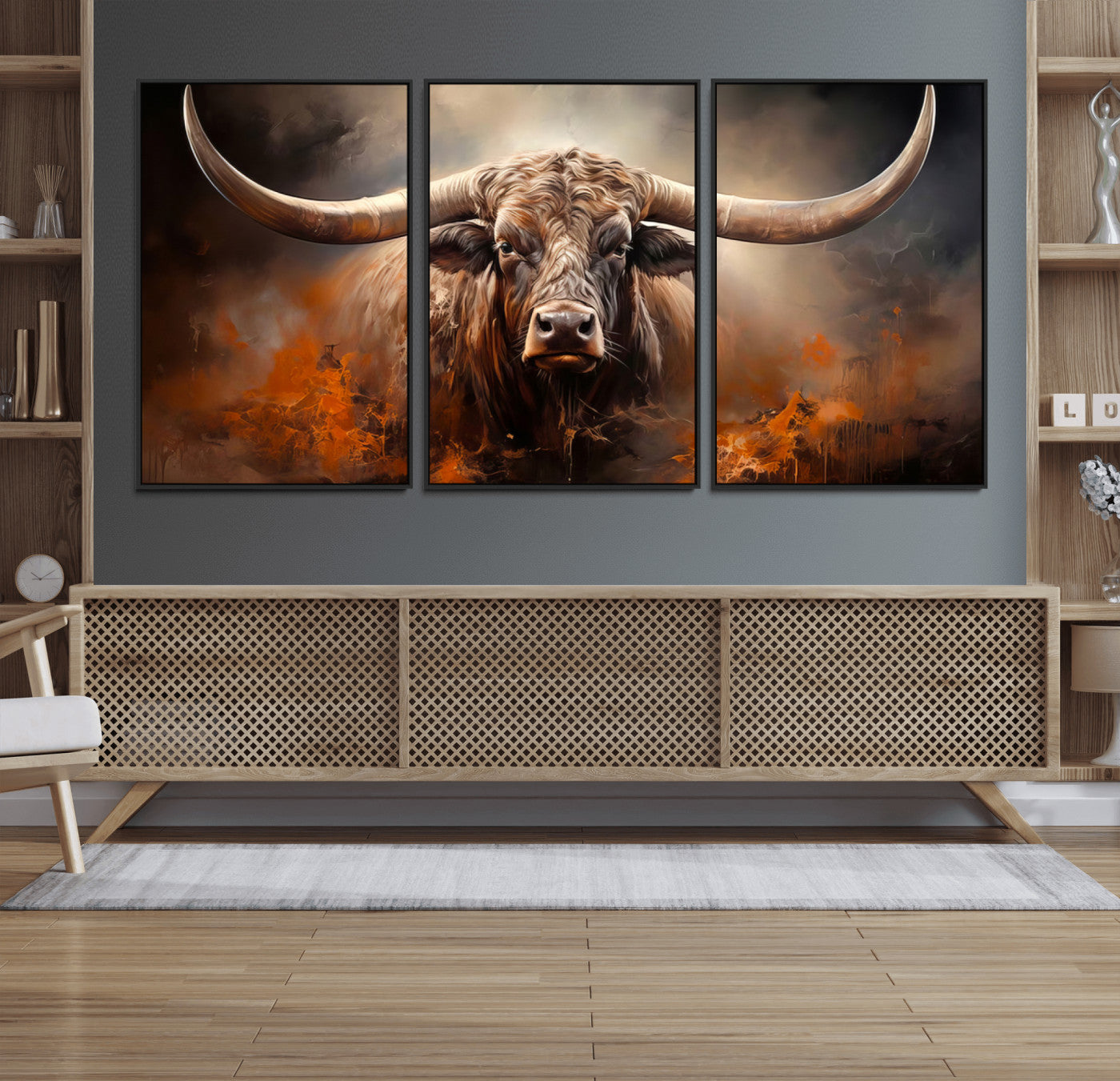 240479-MGV-FC-60X30-3P_Black-Highland Bull Canvas Abstract Canvas Wall Art Print – Powerful Highland Bull with Striking Horns in