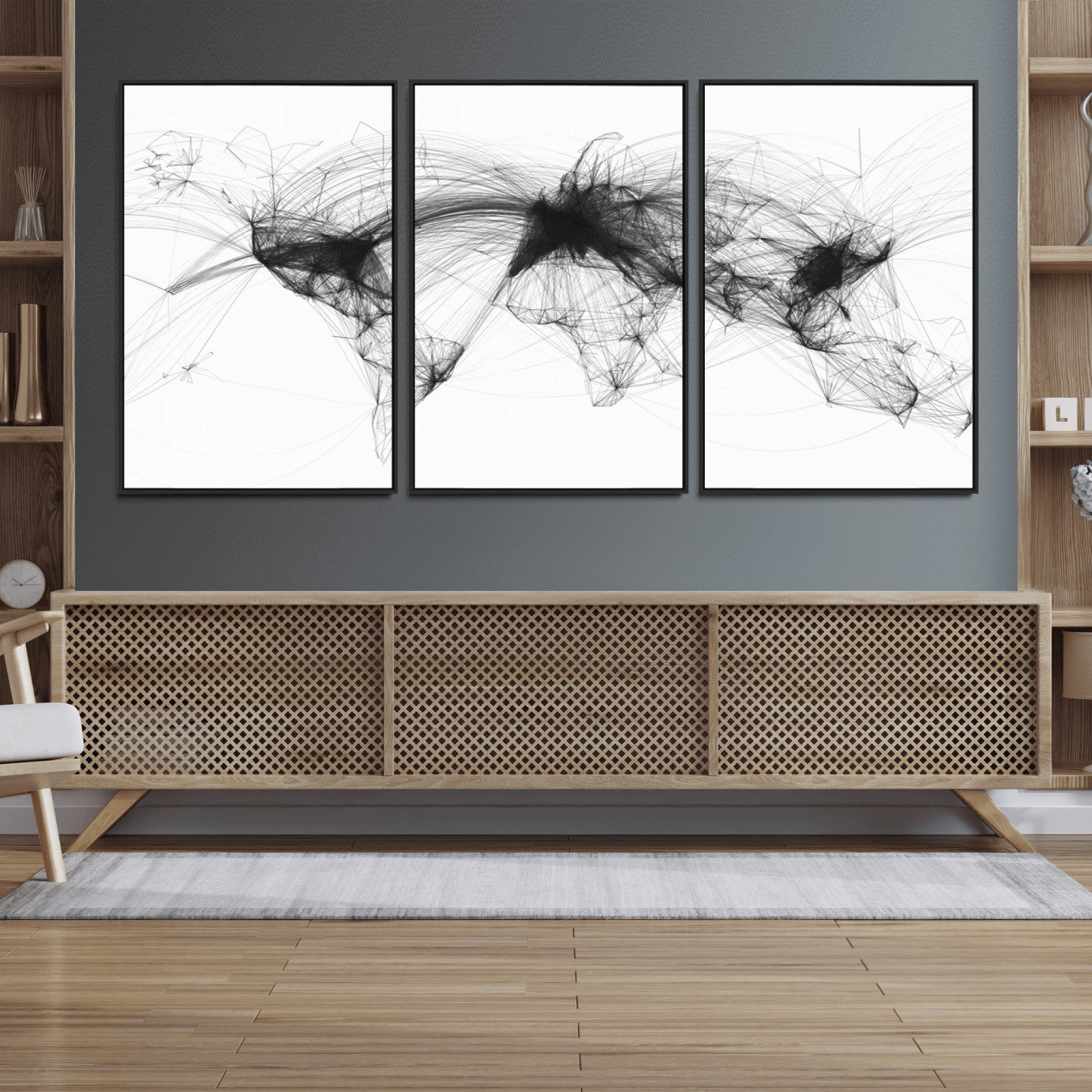 Black-Flight-Routes-MGV-FC-60X30-3P_Black-Flight Routes Air Traffic Map Canvas Wall Art - Framed - Ready to Hang