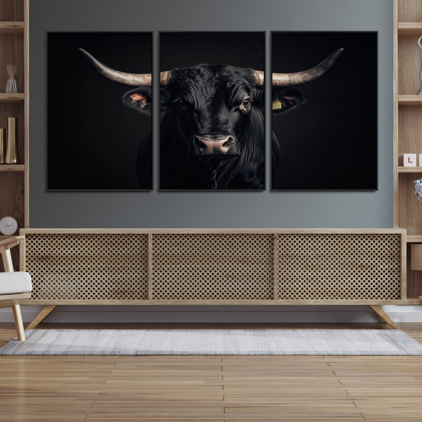 Canvas featuring a black horned bull in moody lighting on a dark background, perfect for western or rustic farmhouse-style home decor.