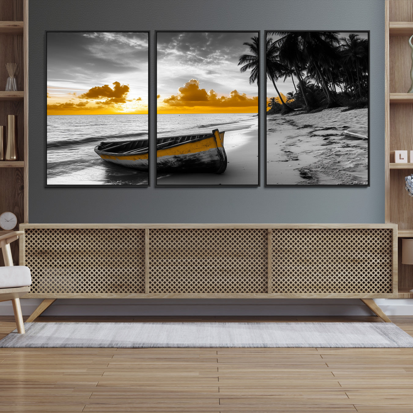 Canvas of a yellow rowboat on a black and white tropical beach with golden sunset sky, ideal for coastal or tropical-themed home decor.