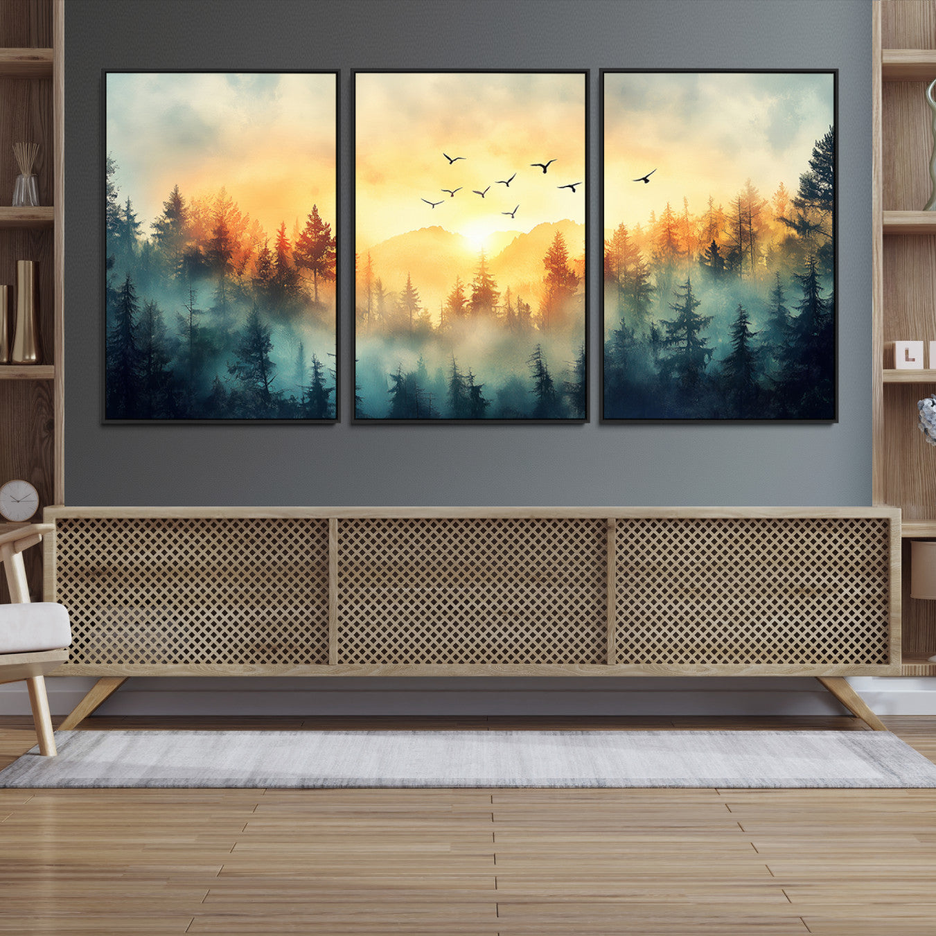 Canvas of a misty pine forest at sunrise with golden light and birds flying across the sky, perfect for tranquil nature-themed wall decor.