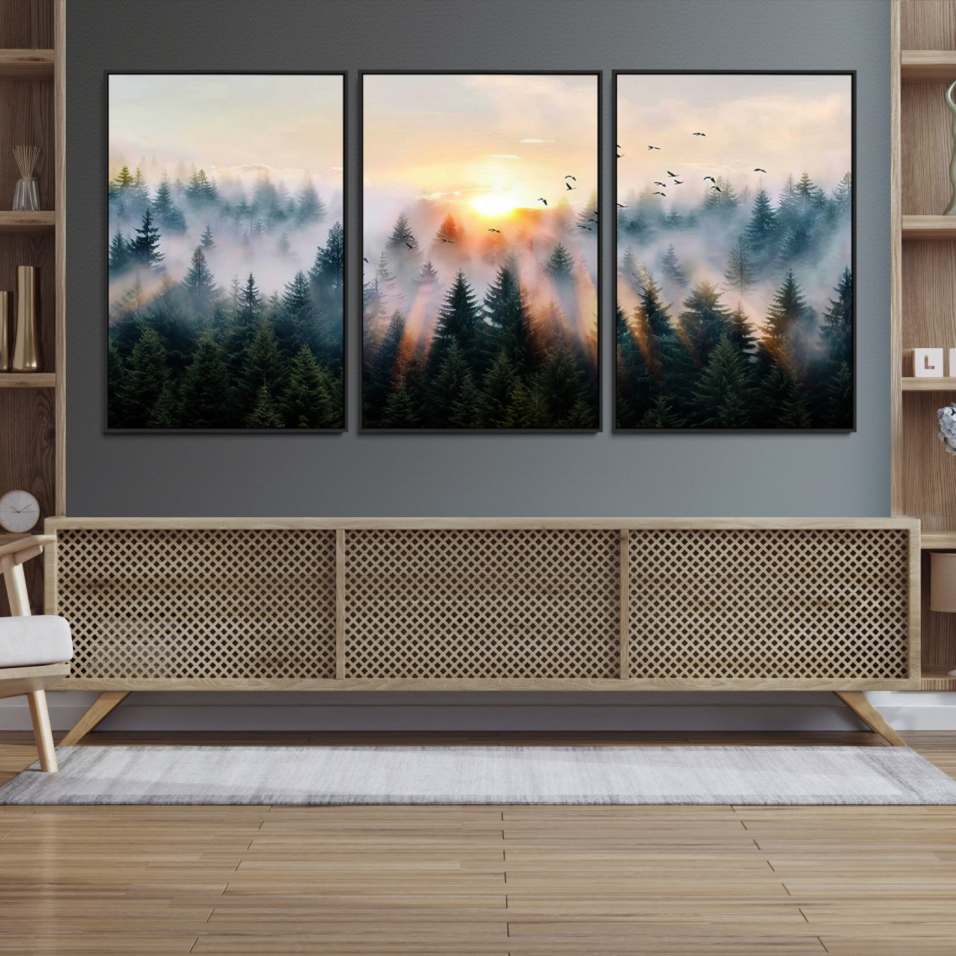 Canvas of a misty pine forest at sunrise with birds flying through golden morning rays, perfect for serene and moody woodland-style home decor.