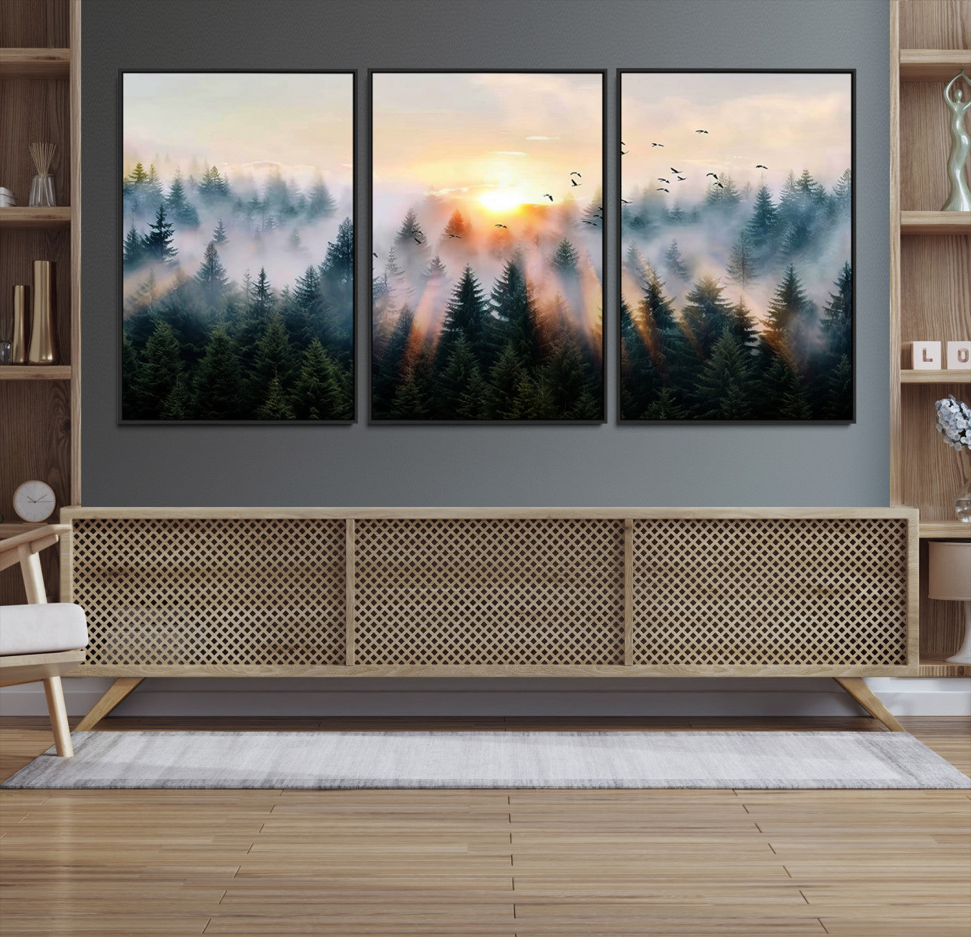 Canvas of a misty pine forest at sunrise with birds flying through golden morning rays, perfect for serene and moody woodland-style home decor.