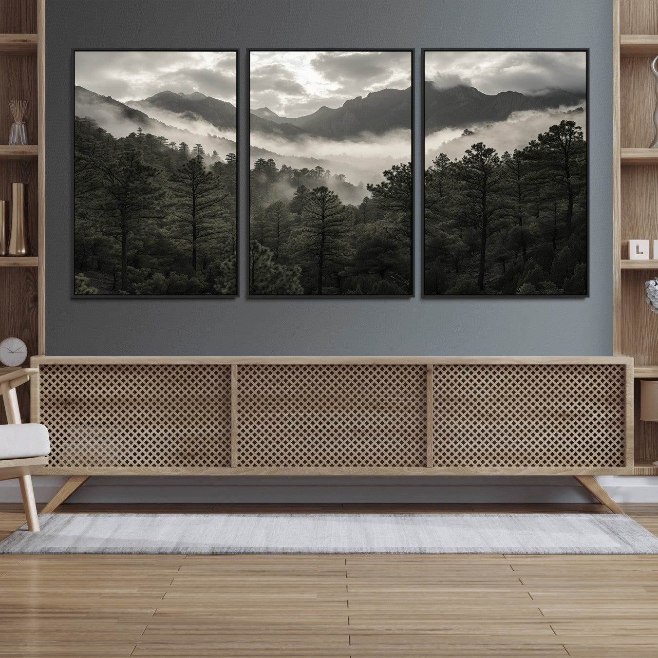 MGV-FC-60X30-3P - Misty Mountain Forest Wall Art – Canvas Print of Cloudy Peaks, Tranquil Pines, Enchanted Landscape, Majestic Nature Decor for Home or Office