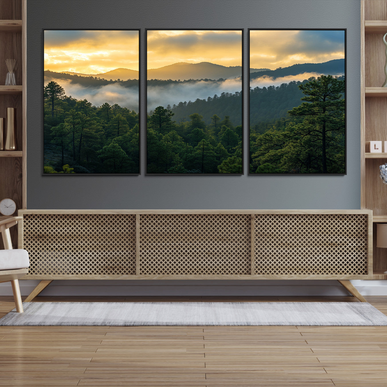 Canvas of misty pine-covered mountains at sunrise, featuring golden light and fog layers, ideal for tranquil earthy home decor.