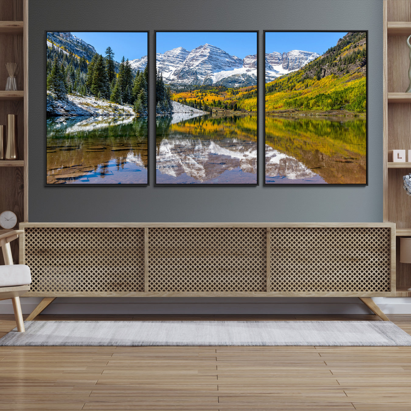 Canvas of Maroon Bells reflected in a clear alpine lake, with golden aspens and snowy peaks, ideal for crisp autumn or mountain-themed decor.