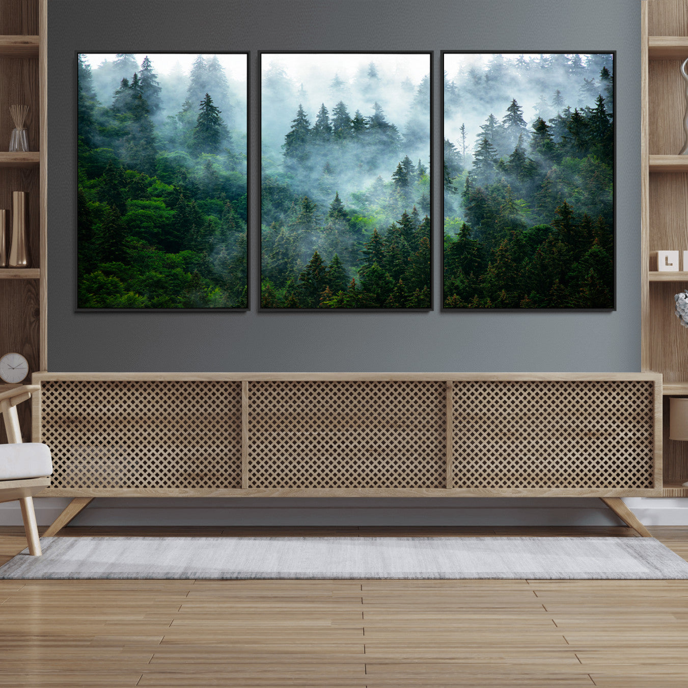 17393683-MGV-FC-60X30-3P_Black-Misty Forest Wall Art Canvas Print – Framed Foggy Mountain Scene with Serene Nature Artwork for Home, Office, Living Room