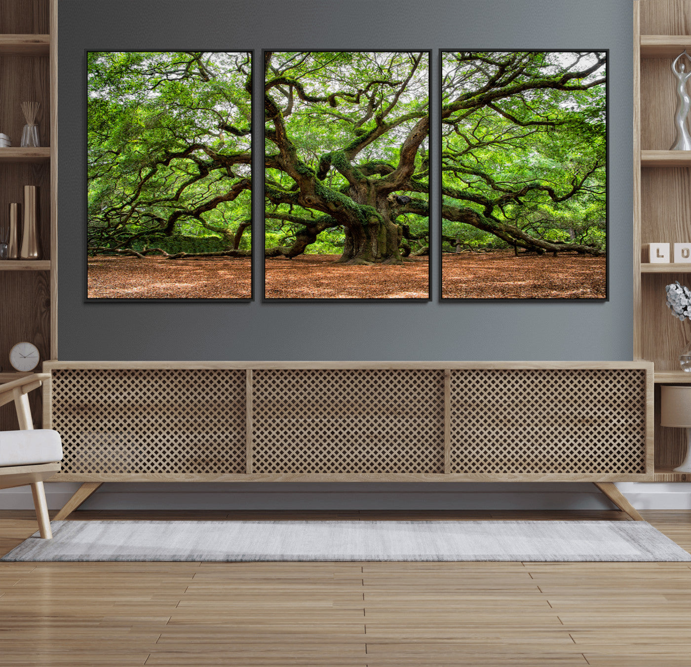 51255351-MGV-CV-48X32-3P-Majestic Oak Tree Wall Art Canvas Print – Ancient Branches and Lush Greenery Nature Landscape for Home, Office