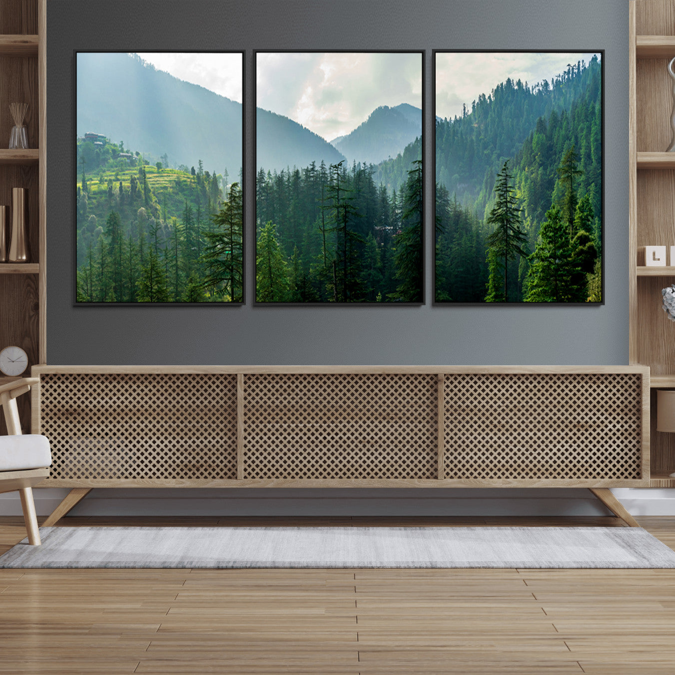 83417191-MGV-FC-60X30-3P_Black-Misty Forest Mountain Canvas Print – Serene Nature Wall Art, Tranquil Valley