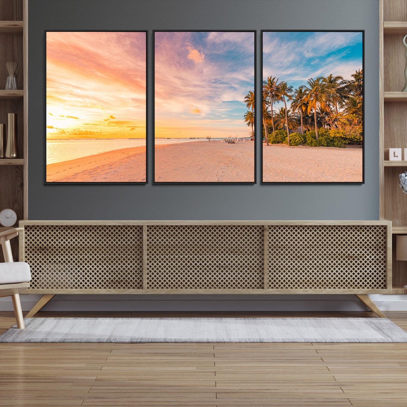 Tropical beach canvas with palm trees and soft sunset tones, ideal for coastal or beach-style home décor in warm pastel hues.