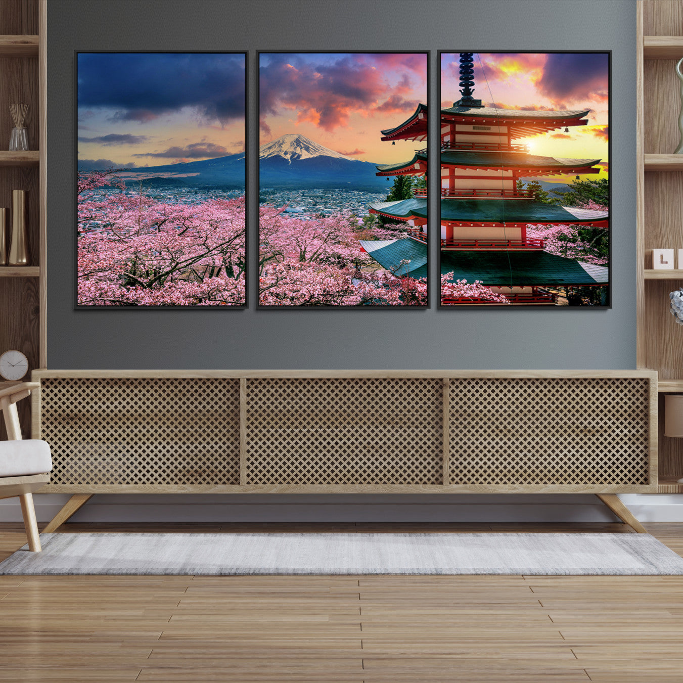 Mount Fuji & Cherry Blossom Wall Art Canvas Print – Iconic Japanese Landscape, Sakura Pagoda Sunset, Multi-Panel Framed Artwork for Home, Office & Zen Decor
