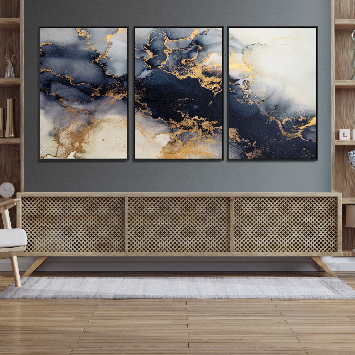 41136487-MGV-CV-48X32-3P-Black Marble Wall Art Canvas Print – Framed Abstract Gold Veins Elegant Luxury Design Decor for Home, Office