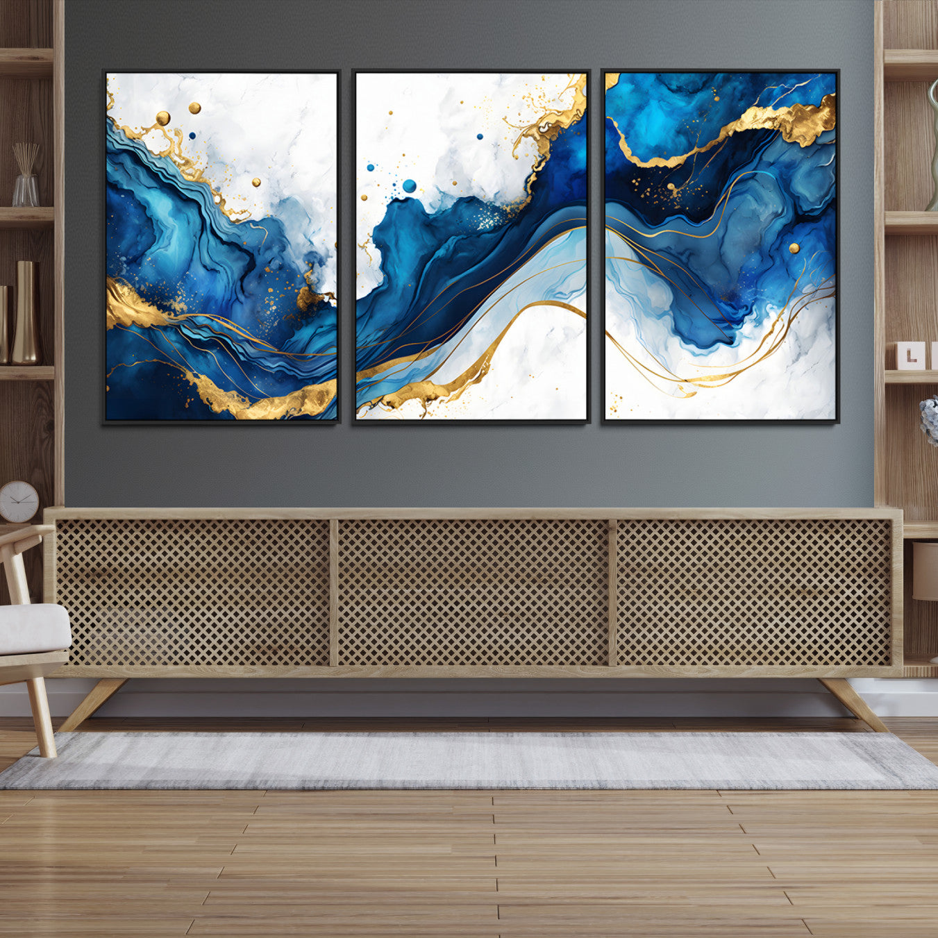 33506371-MGV-CV-48X32-3P-Blue Marble Wall Art Canvas Print – Framed Gold Splash Wave Design Modern Abstract Artwork for Home, Office