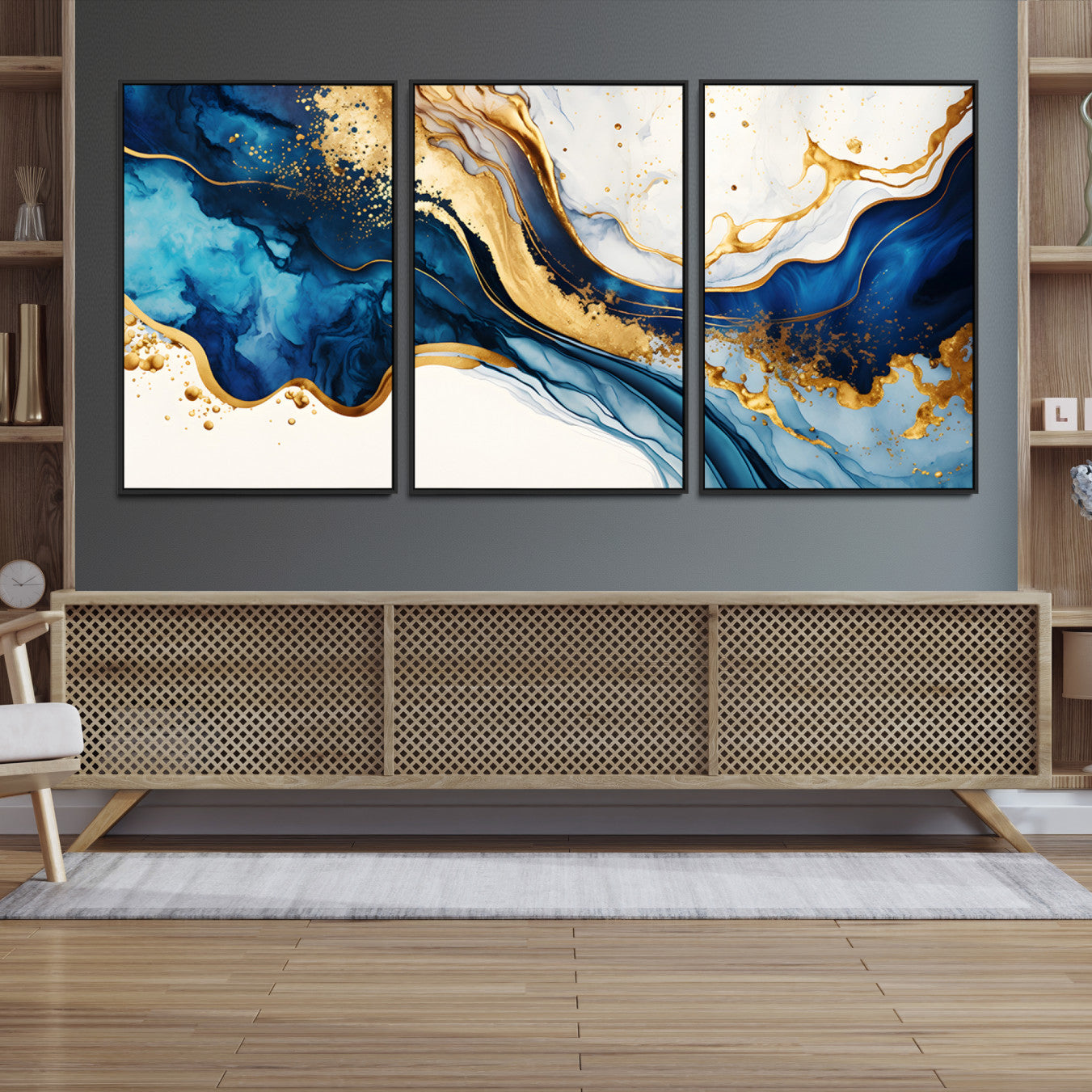 60283636-MGV-CV-48X32-3P-Blue Gold Flow Wall Art Canvas Print – Framed Marble Design Elegant Splash Abstract Artwork for Home, Office