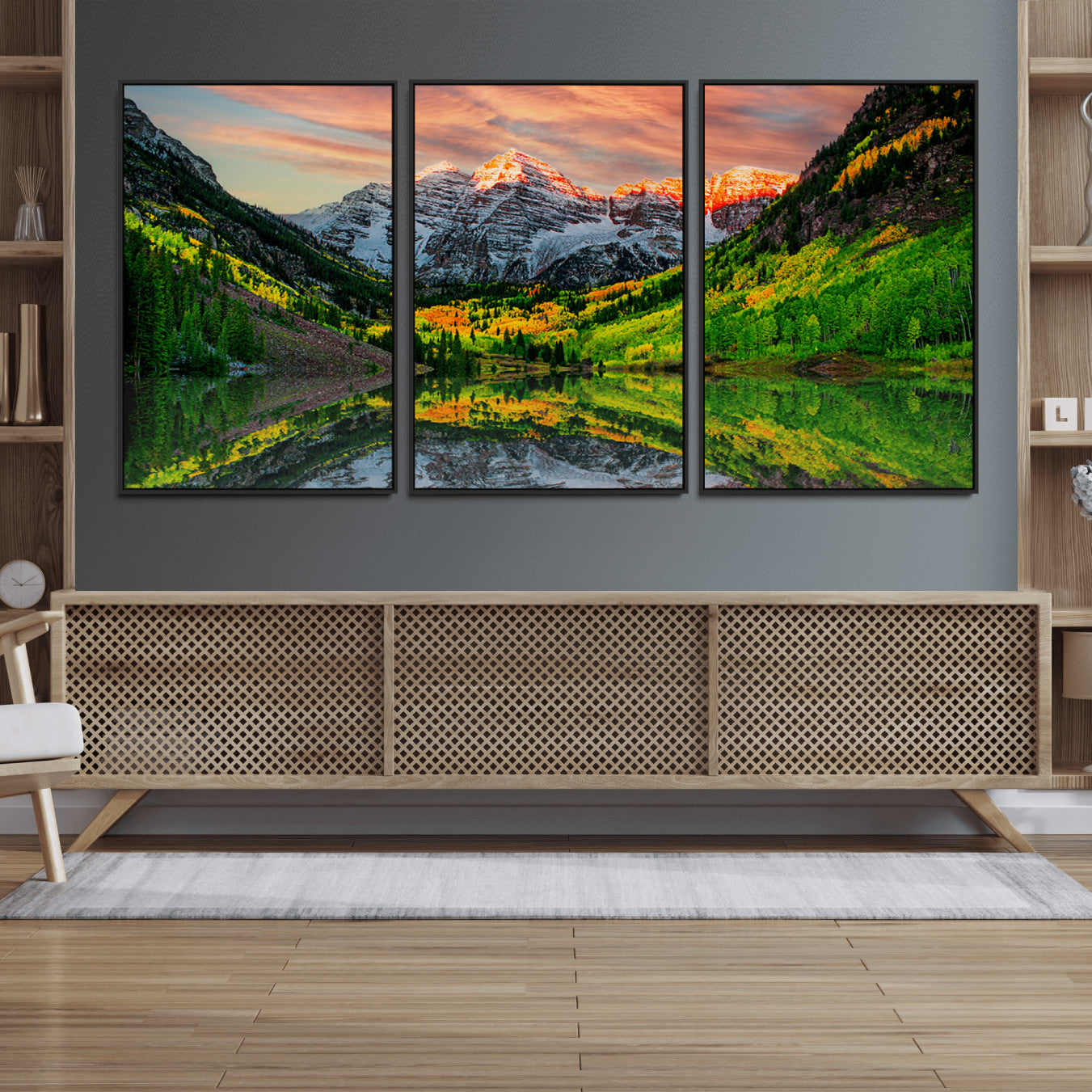 59533484-MGV-FC-60X30-3P_Black-Maroon Bells Lake Wall Art Canvas Print – Framed Majestic Colorado Mountain Scene with Autumn Reflection Artwork for Home, Office