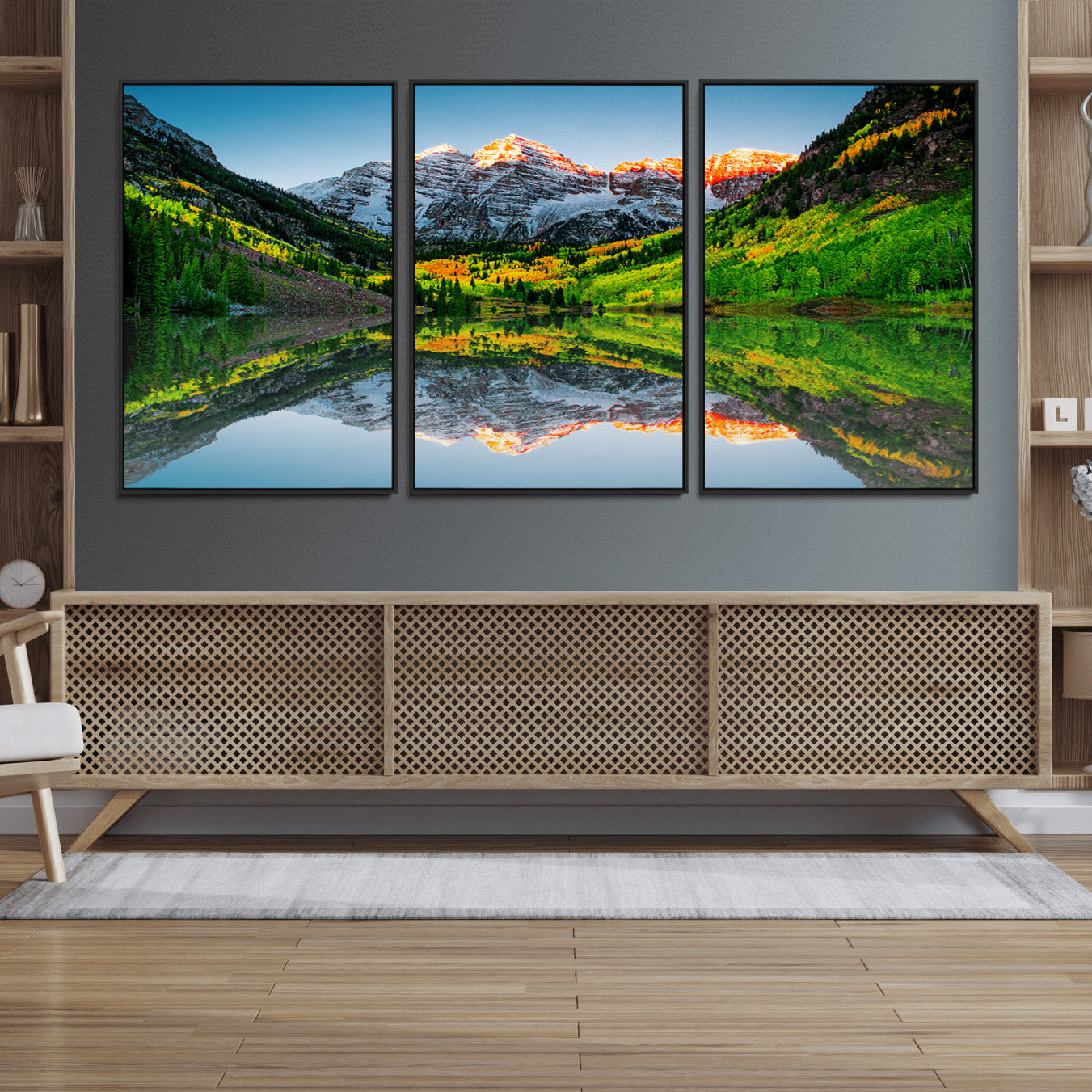 17996974-MGV-FC-60X30-3P_Black-Sunrise Maroon Bells Lake Wall Art Print, Elk Mountains Canvas Wall Art, North Maroon Peak Landscape
