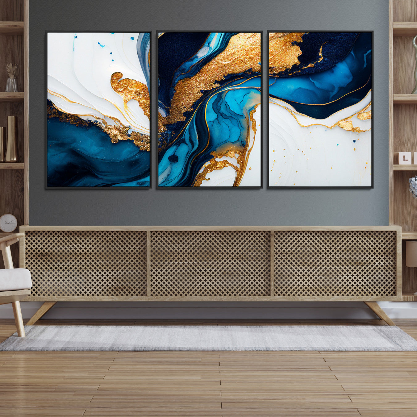 14107569-MGV-CV-48X32-3P-Gold Blue Abstract Wall Art Canvas Print, Elegant Navy and Gold Marble Flow Design Artwork for Home, Office
